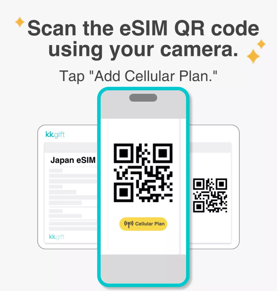携帯電話でeSIM QRコードをスキャンしてモバイルプランを追加するデモンストレーション、簡単で迅速なeSIM設定とアクティベーションプロセスを示しています。