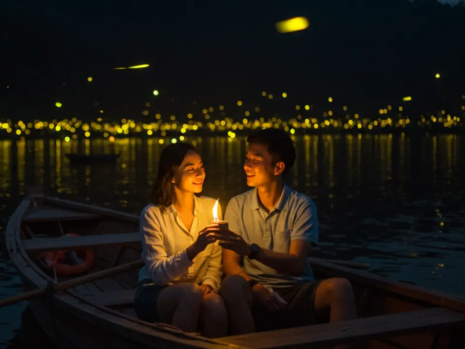 A couple enjoying a romantic moment on a wooden boat with candlelight on Samut Songkhram's serene river at night, with twinkling lights on the shore, experiencing the unique charm of the riverside community.