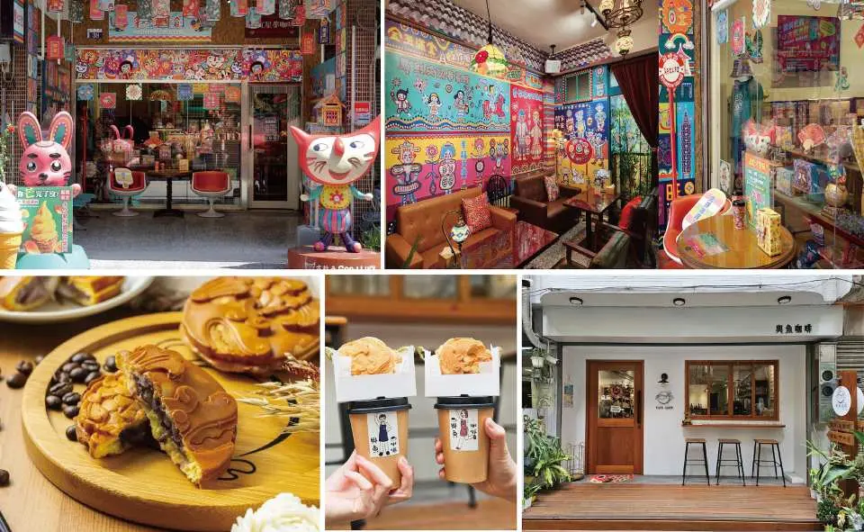 Diverse unique shops and cafes in Taichung city, showcasing creative designs, delicious pastries, and bubble tea, offering a taste of the city's alleyway charm.