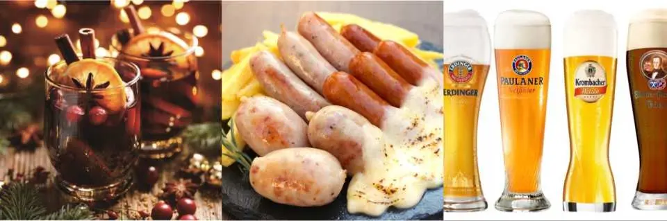 A tempting collage showcasing authentic German Christmas market culinary delights, including aromatic mulled wine, hearty sausages with cheese and fries, and a selection of German beers.