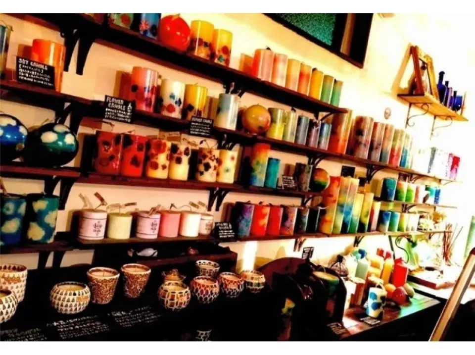 Candles on display and for sale inside the store
