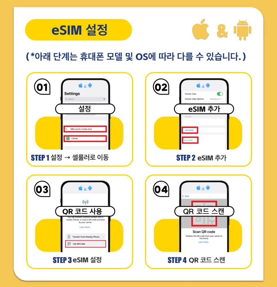 한국어 eSIM 설정 방법 그림. iPhone 및 Android 기기에서 QR 코드를 사용하여 태국 5G 인터넷을 쉽게 활성화하는 단계별 가이드.