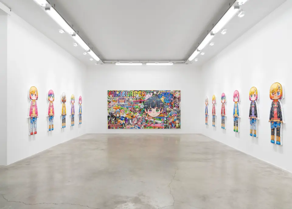 Immersive corridor at Neiwei Arts Center's 'Mr.'s Whimsical Love' exhibition. 3D anime girl installations and a large central painting guide visitors into Mr.'s whimsical art world.
