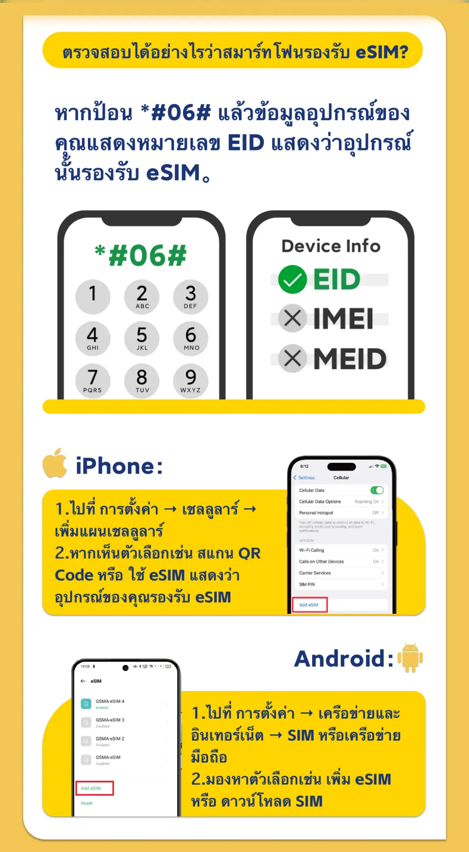 คู่มือการตั้งค่า eSIM สหรัฐอเมริกา แสดงวิธีตรวจสอบความเข้ากันได้ของโทรศัพท์ และขั้นตอนการติดตั้ง QR โค้ดสำหรับอุปกรณ์ iPhone และ Android