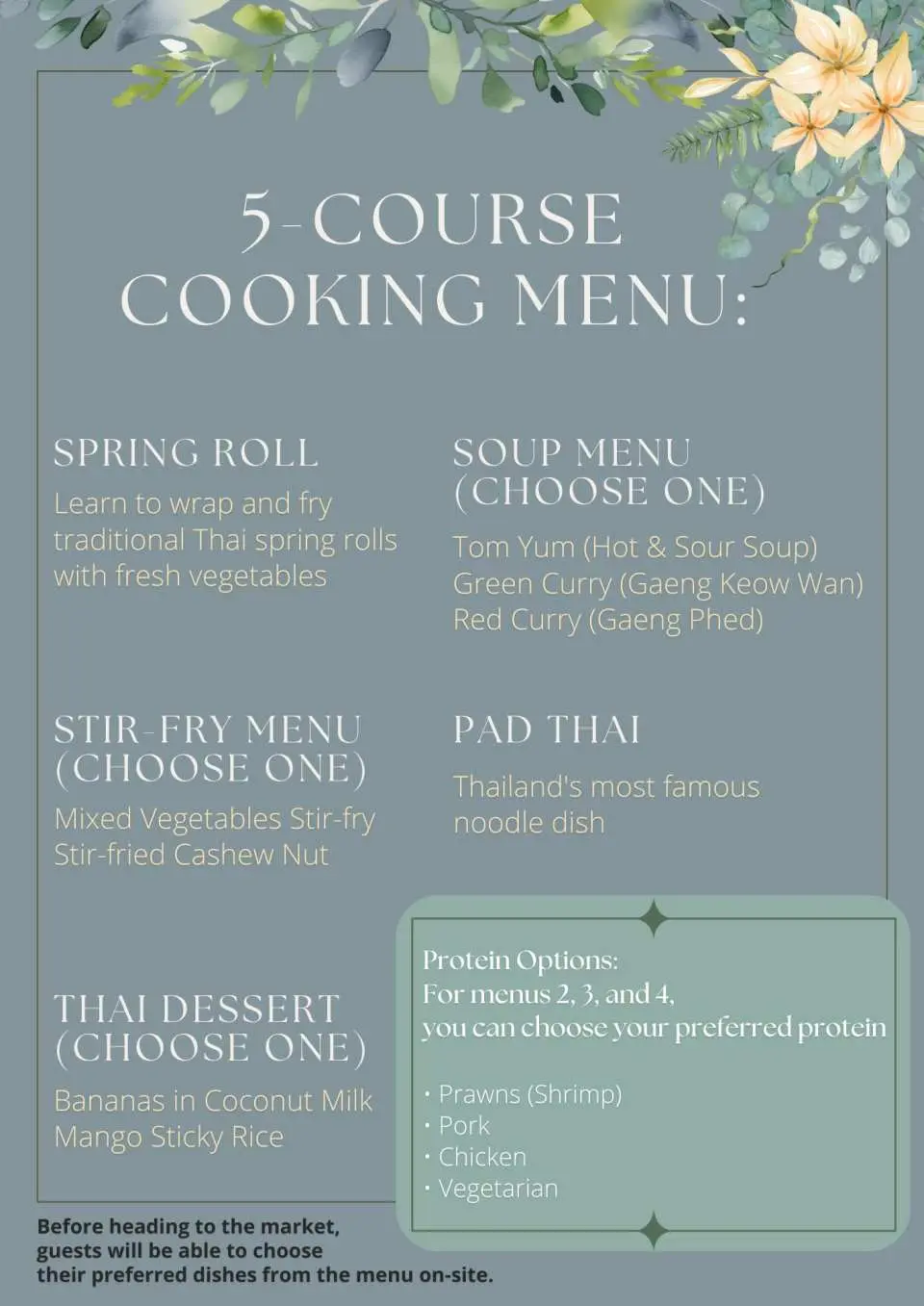 A detailed '5 COURSE COOKING MENU' for the Chiang Mai Thai cooking class, featuring customizable options for spring rolls, soups, stir-fries, Pad Thai, and desserts.