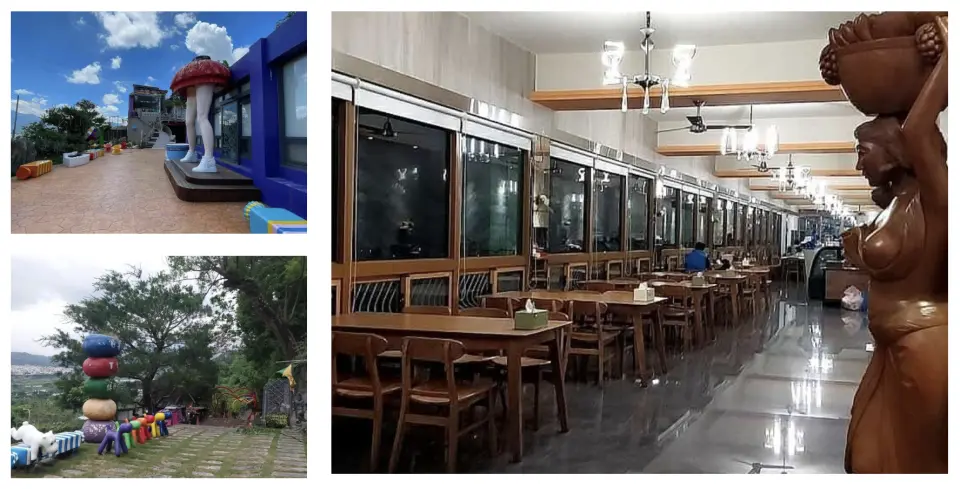 台中特色寵物友善景點拼貼圖。左側是創意大象造型建築與繽紛裝置藝術的戶外區，右側為寬敞整潔的室內用餐空間，提供多元體驗。