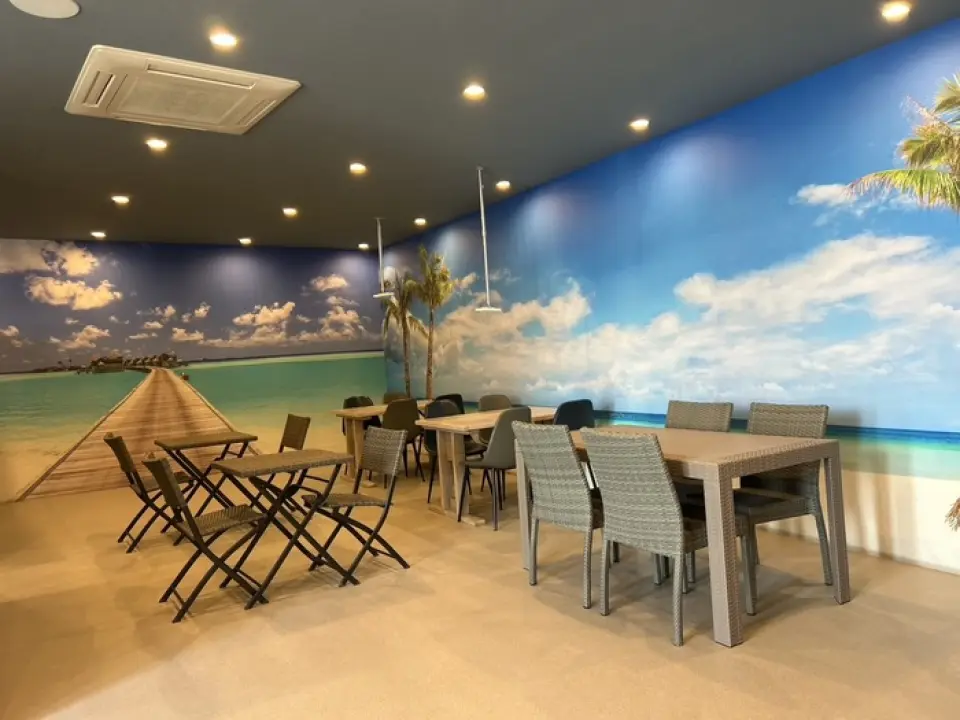 餐廳牆上裝飾著海洋主題的畫作，還設有鞦韆和置物架，方便您從高處拍攝用餐照片。這裡風景如畫，是與媽媽朋友共進午餐或慶祝生日、紀念日的理想場所。餐廳提供半私密的餐桌座位，您可以在晚上8點後提前預訂，享受輕鬆愜意的用餐體驗。餐廳也接受包場預訂，如有任何關於人數和預算的問題，歡迎隨時與我們聯繫。