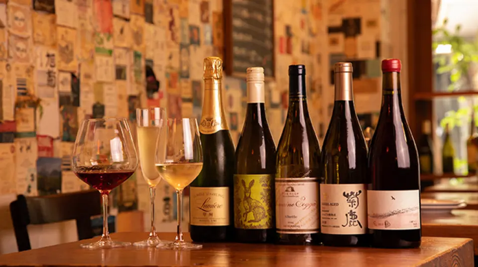 本店專營日本葡萄酒，常年供應超過12種。我們的地下酒窖藏酒400餘瓶，對外開放，您可以隨意挑選心儀的佳釀！我們每年都會造訪70多家酒莊，精心甄選每一瓶美酒，敬請品嚐。此外，本店也提供精釀金酒。