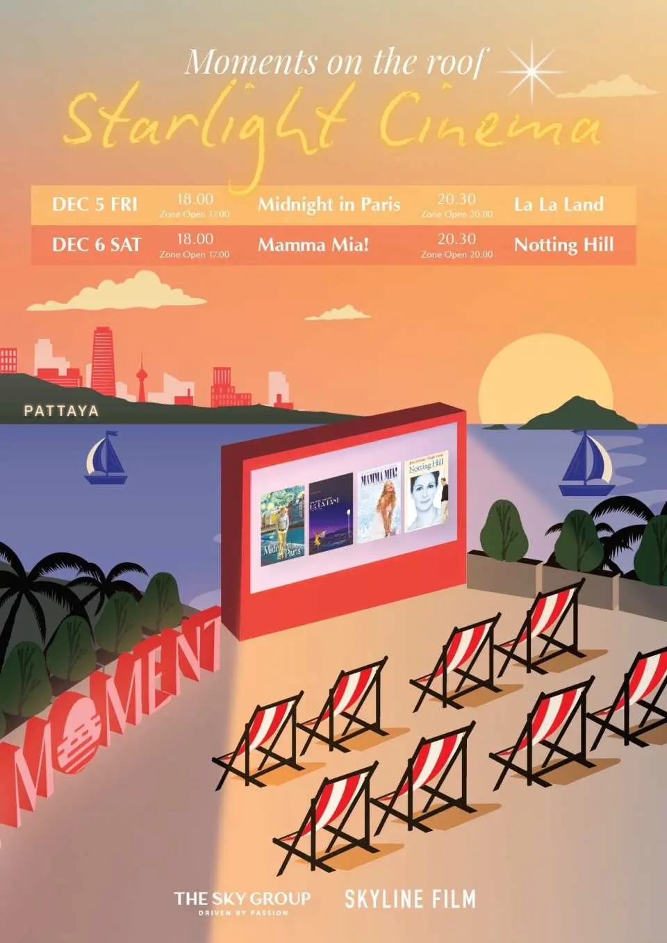 Characteristic poster for Pattaya Starlight Cinema, illustrating a seaside rooftop cinema setup with a large screen, comfortable seating, and a rich movie schedule, offering a unique experience amidst sunset views.