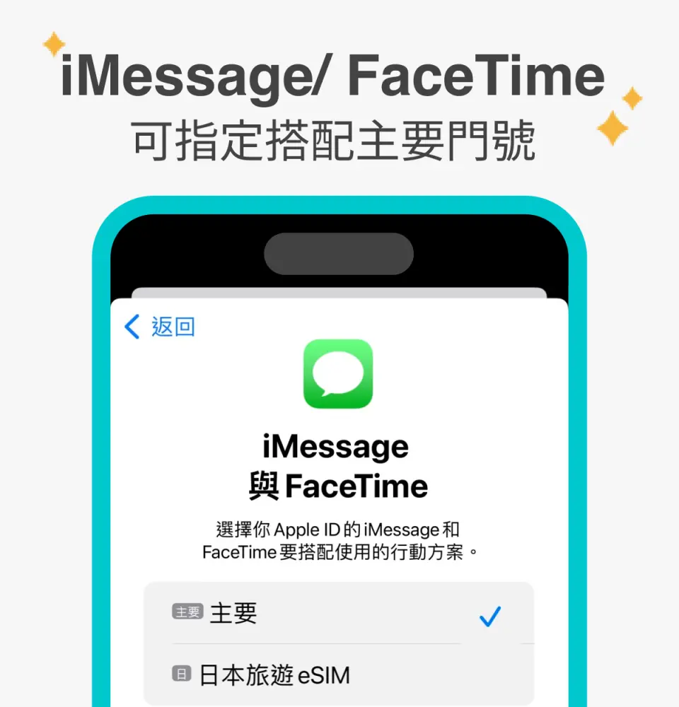 可指定搭配主要門號使用 iMessage 和 Facetime 功能。