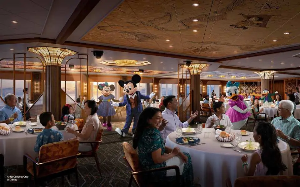 At Navigator’s Club, you’ll be transported back to the golden age of cruising, where nautical travelers gather to share captivating stories, songs and keepsakes from their globe-trotting adventures. In keeping with the maritime tradition of exclusive “Captain’s Table” dinners, you’ll be treated to exciting tales and musical performances featuring globe-trotting Mickey Mouse, Minnie Mouse, Donald Duck and Daisy Duck. Located near Town Square, this grand dining hall showcases refined Art Deco design inspired by nautical navigation, complete with maps, charts, vintage photos and artwork.