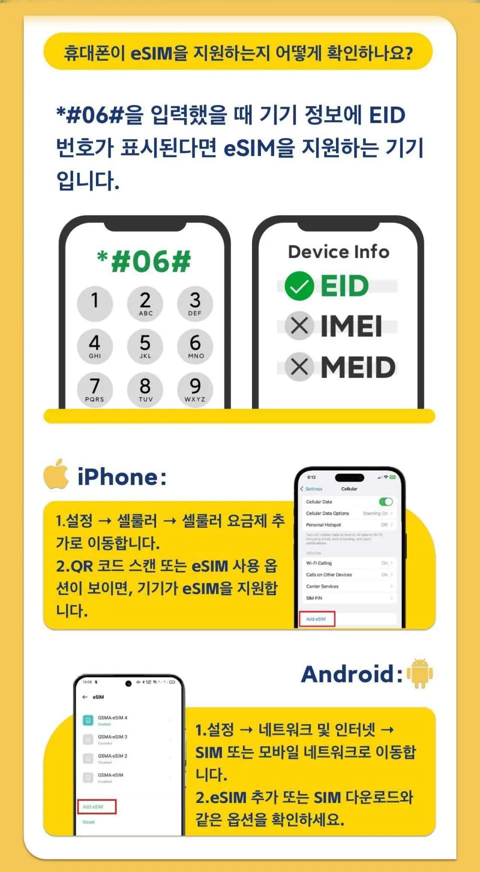 구매하시기 전에 휴대폰이 eSIM과 호환되는지 확인해 주세요 (구매 후에는 취소가 불가능합니다).
