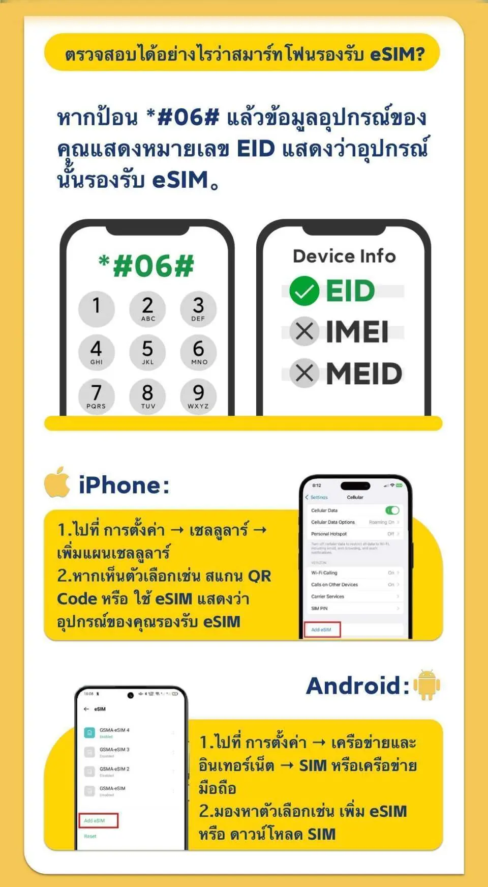 โปรดตรวจสอบให้แน่ใจว่าโทรศัพท์ของคุณรองรับ eSIM ก่อนทำการสั่งซื้อ (ไม่สามารถยกเลิกได้หลังจากการสั่งซื้อ)