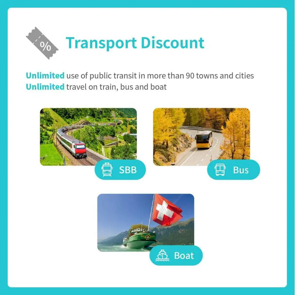 Unlimited travel on public transport in 90 towns and cities across Switzerland, including SBB trains, buses, and boats.