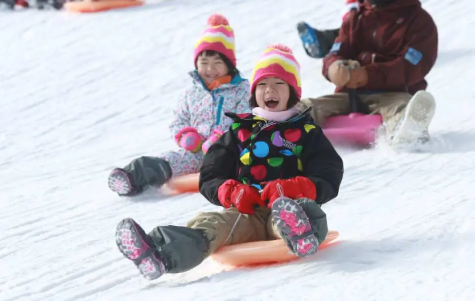 轻井泽滑雪场，两位穿着保暖衣物的孩童，开心地坐在雪盆上从雪坡滑下，充满欢笑。