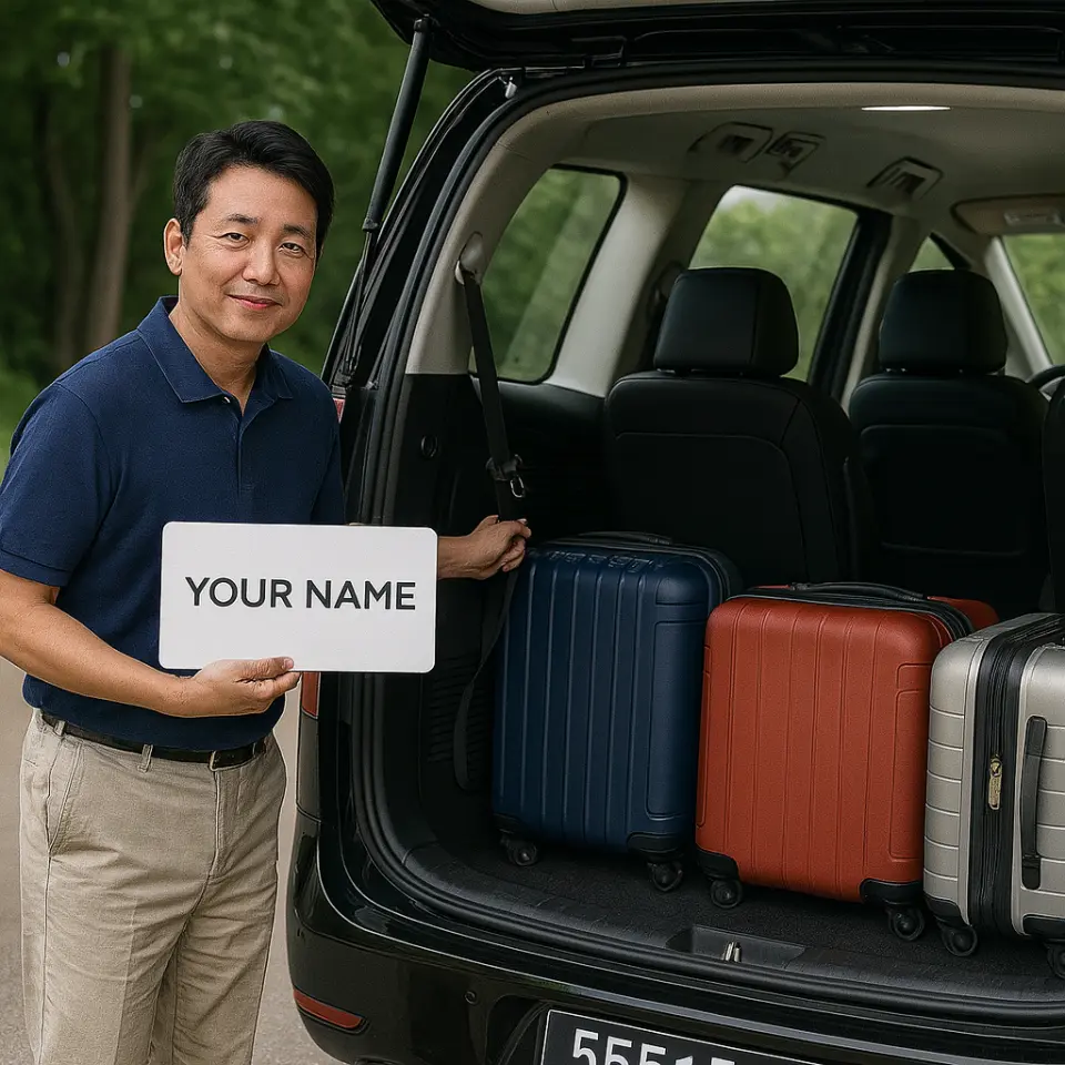 仁川/金浦空港でフレンドリーな運転手が氏名ボードを持ち、青、赤、銀のスーツケースを広い車のトランクに入れるのを手伝っており、ソウル空港送迎のきめ細やかなサービスを提供しています。