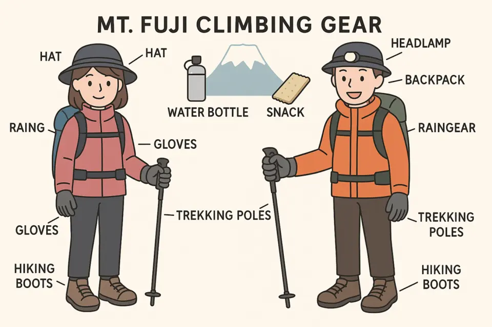During a climb up Mt. Fuji, the weather can change drastically and temperatures can be low, so proper cold weather gear is essential. We recommend layering quick-drying base layers with warm clothing such as fleece or down jackets, and then adding windproof and waterproof rainwear. Wear non-slip hiking boots, and be sure to bring a hat and gloves. Layering your clothing to regulate your body temperature is ideal. For rentals, please refer to the "Yamadogu Rental Shop" website.