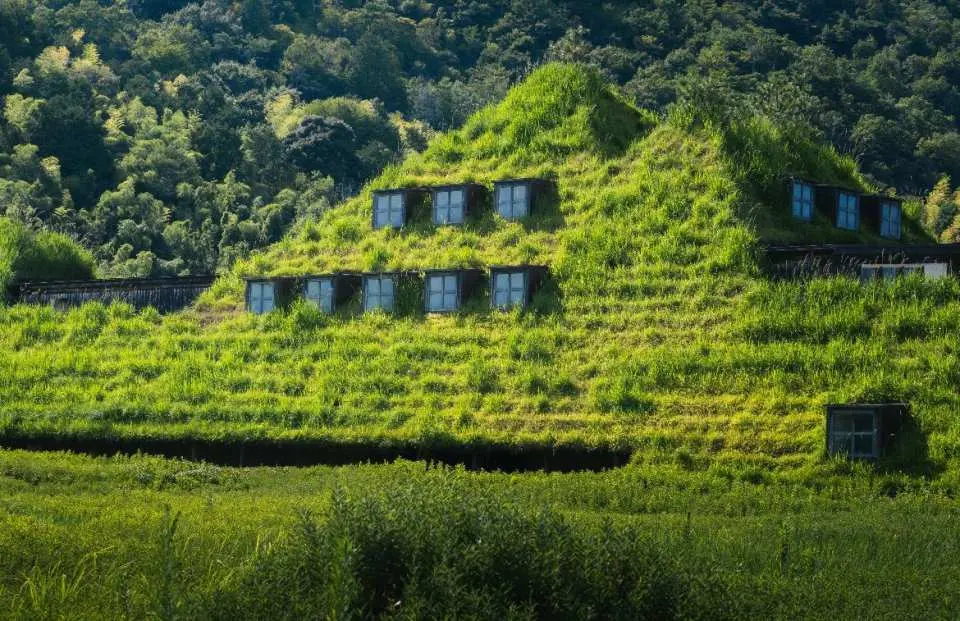 La Collina近江八幡，由日本建筑家藤森照信设计，是一座融入自然的童话草屋根建筑。屋顶覆盖青翠草坡，四季呈现不同景致：春绿清新、夏意盎然、秋色温暖、冬雪静谧。建筑仿佛从大地生长而出，与周围田园风光完美融合，极具治愈氛围。园区内可品尝现烤年轮蛋糕等限定甜品，边逛边吃边拍照，是兼具设计美学与美食体验的人气打卡地。