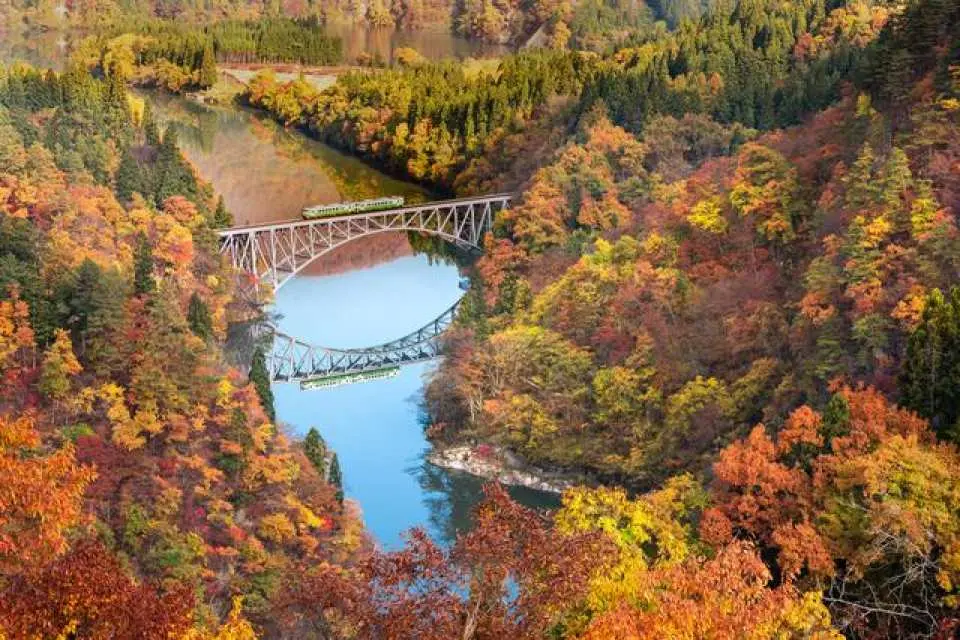 燃えるような紅葉に包まれた白い鉄橋！まさに絵画のような絶景が目の前に広がります。（イメージ）