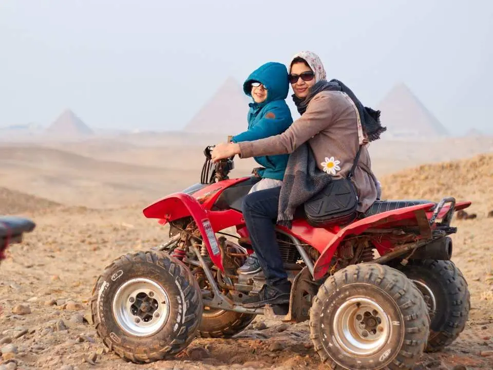 Your tour begins with early pickup from your hotel or selected pickup point. Transfer time may vary depending on your hotel location, and final pickup details are confirmed one day before the activity. After meeting your guide and driver, travel by private air-conditioned vehicle toward the Giza area.

Start with Pyramids at Sunrise, where the morning light and pyramid setting create the first part of the experience. Your guide introduces the area according to the selected language and confirmed package. If your selected package includes tickets, the listed required entry is included. If the package without tickets and lunch is selected, entry fees are paid separately if required.

After the sunrise visit, continue with the Quad Bike Pyramids Tour according to the confirmed package, local operation, timing, route conditions, and site rules.

Lunch is included only if the with tickets and lunch package is selected. If the without tickets and lunch package is selected, lunch is not included. Breakfast is not included unless clearly confirmed in the selected package. At the end of the tour, return by private vehicle for drop-off.