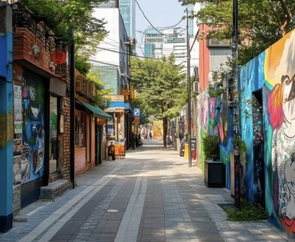 韩国特色街区，墙壁上绘有彩色涂鸦，两旁是独特商店，呈现韩妆皮肤分析购物之旅中探索当地文化的乐趣。