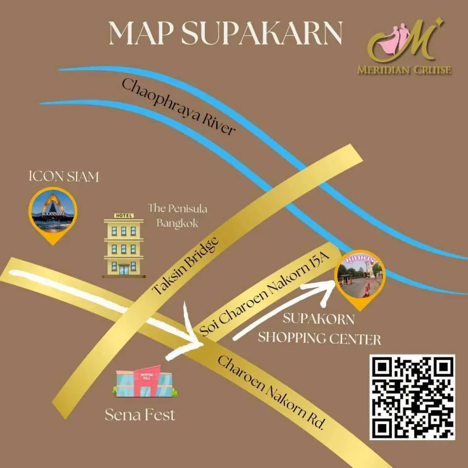 A detailed map illustrating the Meridian dinner cruise meeting point at Map Supakarn Pier on the Chao Phraya River, highlighting nearby landmarks for easy navigation.