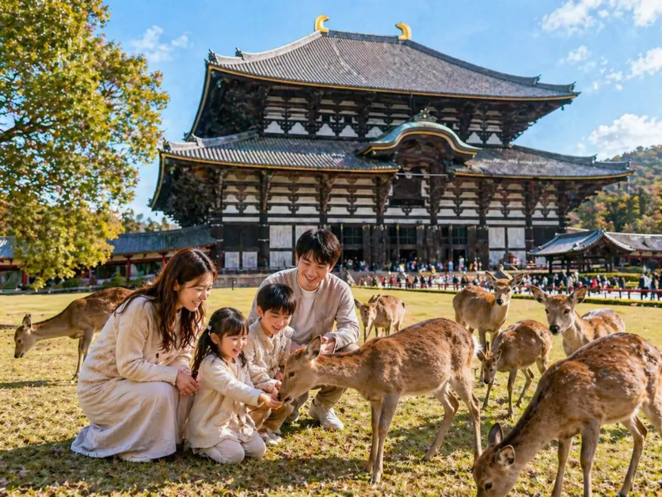 【奈良公園】奈良公園位於奈良市中心，是個融合自然與歷史的廣闊公園。園內最有名的就是自由散步的梅花鹿，被視為神的使者，非常親人可愛。除了與鹿互動外，公園週邊還有東大寺、春日大社等重要文化遺產，是感受日本古都氛圍的​​最佳地點。環境寧靜、景色優美，非常適合散步、拍照與悠閒放鬆。