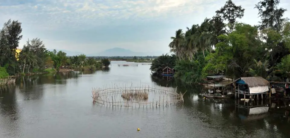 River with fish trap surrounded by palms
