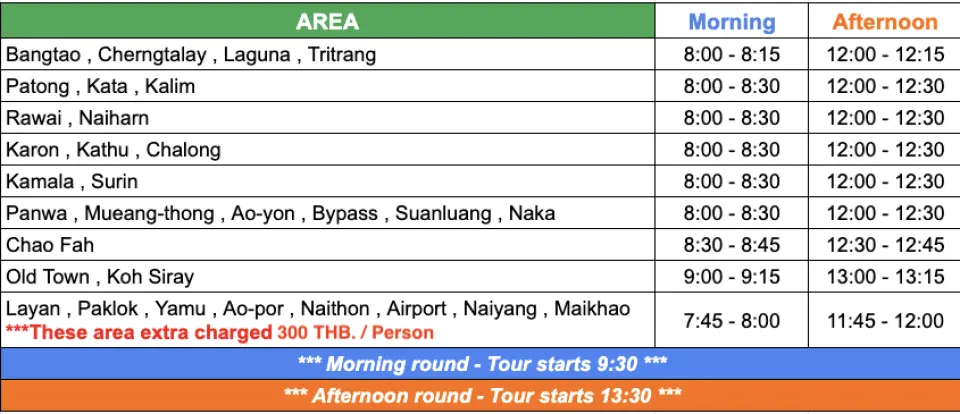 Free round-trip transfer (Only service area)
(Out of service area) Drop-off to Paklok / Yamu / Ao-por / Naithon / Naiyang / Maikhao / Airport - will be charged extra 300 THB./person