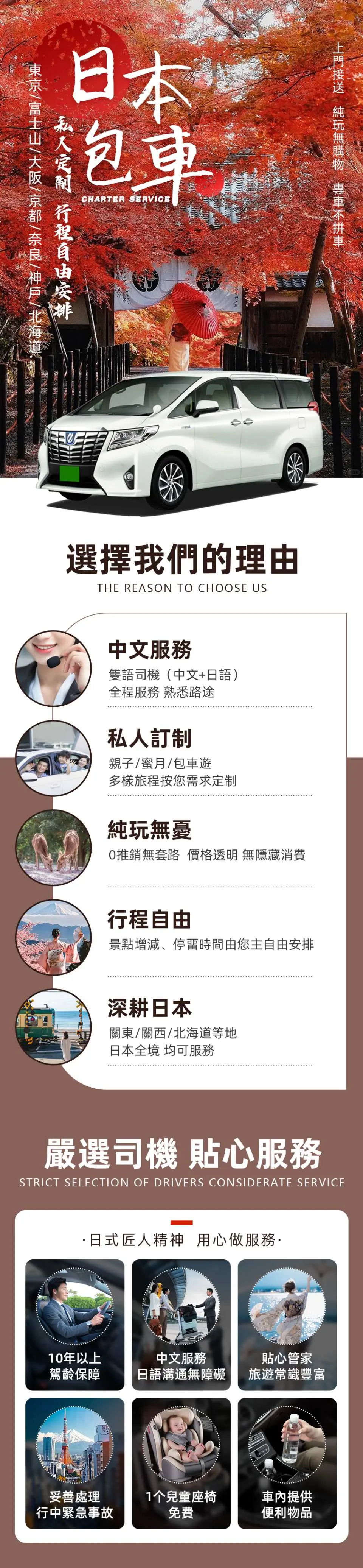【東京発】東京・日本プライベート貸切チャーター車｜富士山／東京市内／東京近郊／鎌倉／箱根／熱海／伊豆／軽井沢／長野／観光貸切チャーター車日帰り旅行

料金にはその他の費用が含まれています。
含む：
運転手の食事代、燃料サーチャージ、通行料、都市間運賃、橋梁・トンネル通行料、チャイルドシート1台無料、5時間または10時間の貸切チャーター車サービスには追加料金がかかる場合があります。
観光施設の入場料／個人的費用／時間外料金：5,000円／東京都23区外への送迎サービス／夜間サービス：午後8時以降5,000円／距離超過料金：400円／km（オーダーメイド旅行に適用）