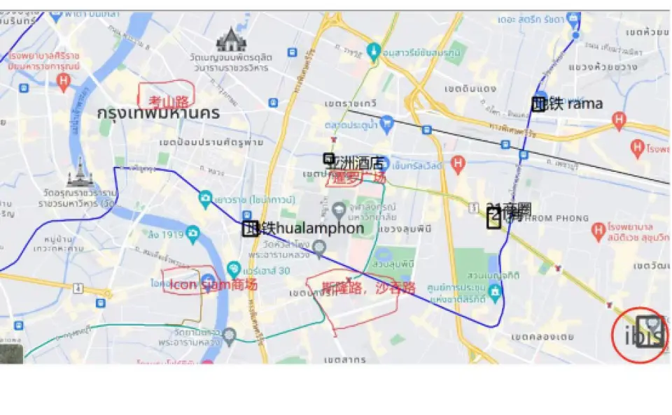 4月13日至15日泰國潑水節期間，轉乘點如下：
1. 亞洲飯店
2. Terminal 21 購物中心
3. 拉瑪九地鐵站，3號出口
4. 華南蓬地鐵站4號出口
如圖所示：請在黑點處集合；紅點處不提供取貨服務。