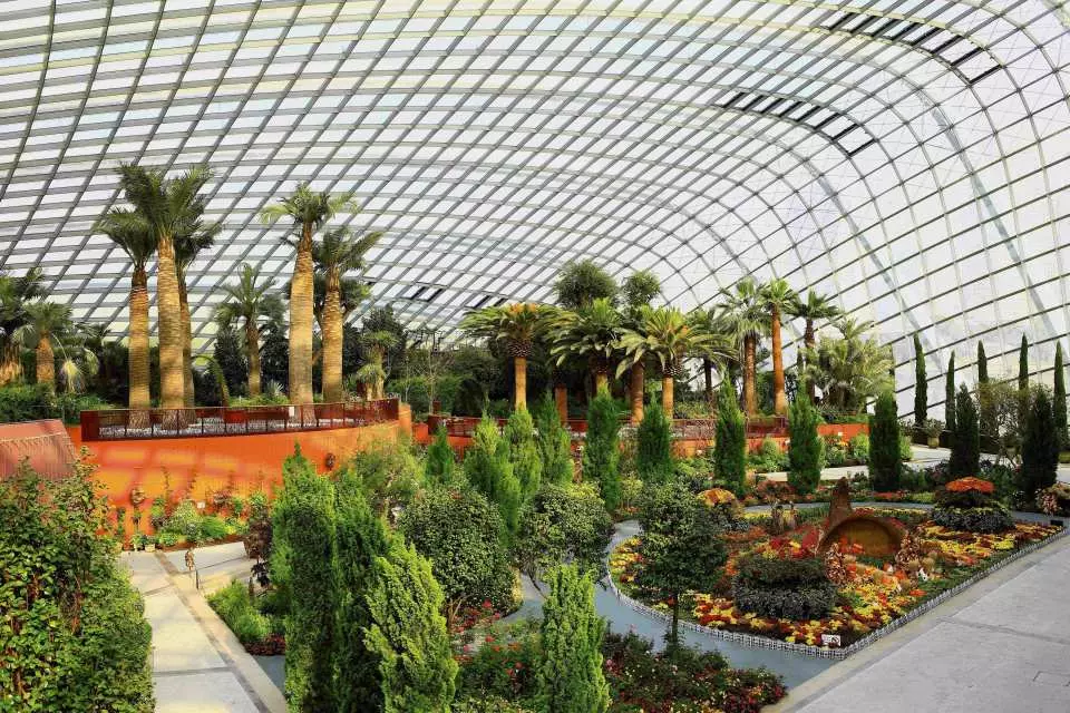 Interior of Flower Dome with variety of plants, Gardens by the Bay, Singapore