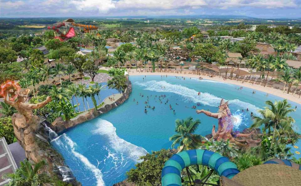 Splash through the massive 6,100m² wave pool inspired by legends.